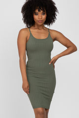 Olive Ribbed Knit Fitted Dress