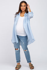 Light Blue Pinstriped Button Up Maternity Top