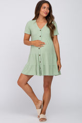 Light Olive Button Down Tiered Maternity Mini Dress