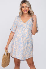 Blue Floral V-Neck Babydoll Maternity Dress