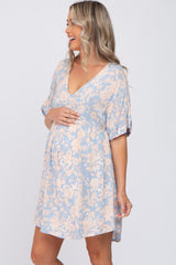 Blue Floral V-Neck Babydoll Maternity Dress