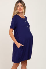 Navy Button Accent Pocketed Maternity Dress