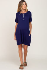 Navy Button Accent Pocketed Maternity Dress