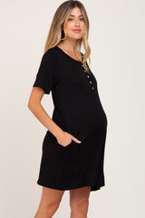 Black Button Accent Pocketed Maternity Dress