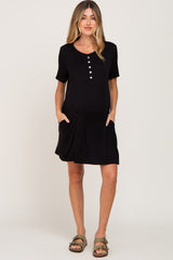 Black Button Accent Pocketed Maternity Dress