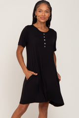 Black Button Accent Pocketed Dress