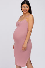 Mauve Ribbed Button Maternity Midi Dress