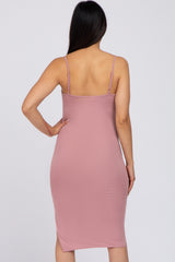 Mauve Ribbed Button Maternity Midi Dress