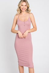 Mauve Ribbed Button Midi Dress