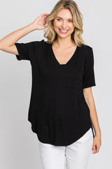 Black Pocket Front Curved Hem Top