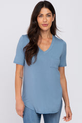 Blue Pocket Front Curved Hem Maternity Top