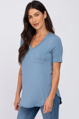 Blue Pocket Front Curved Hem Top