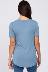 Blue Pocket Front Curved Hem Top