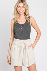 Beige Linen Smocked Waist Shorts