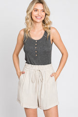 Beige Linen Smocked Waist Shorts