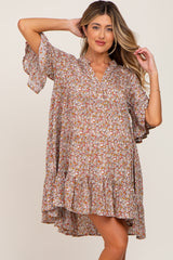 Mocha Floral Ruffle Sleeve Tiered Maternity Dress