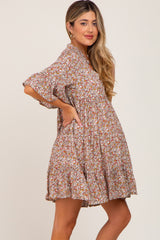 Mocha Floral Ruffle Sleeve Tiered Maternity Dress