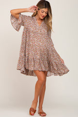 Mocha Floral Ruffle Sleeve Tiered Maternity Dress