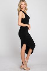 Black One Shoulder Ruched Asymmetrical Hem Dress