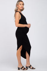 Black One Shoulder Ruched Asymmetrical Hem Maternity Dress