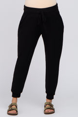 Black Brushed Ribbed High Waisted Drawstring Maternity Joggers