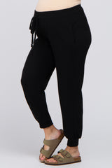 Black Brushed Ribbed High Waisted Drawstring Maternity Joggers