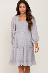 Light Grey Swiss Dot Long Sleeve Maternity Dress