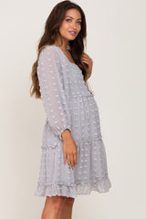 Light Grey Swiss Dot Long Sleeve Maternity Dress