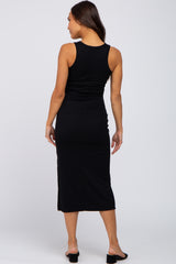 Black Ribbed Racerback Side Slit Maternity Midi Dress