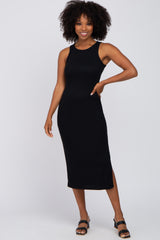 Black Ribbed Racerback Side Slit Maternity Midi Dress