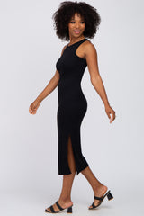 Black Ribbed Racerback Side Slit Midi Dress