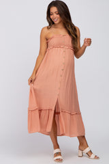 Peach Smocked Button Accent Maternity Midi Dress