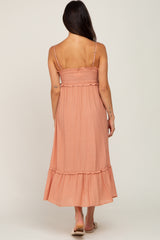 Peach Smocked Button Accent Midi Dress