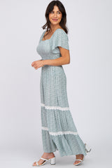 Green Floral Square Neck Smocked Front Lace Trim Maxi Dress