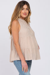 Light Mocha Striped Tiered Mock Neck Maternity Top