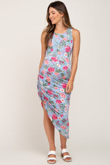 Blue Floral Ruched Asymmetrical Maternity Midi Dress