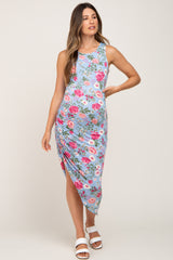 Blue Floral Ruched Asymmetrical Maternity Midi Dress