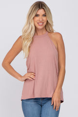 Mauve Ribbed Halter Neck Tank Top