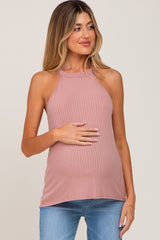 Mauve Ribbed Halter Neck Maternity Tank Top