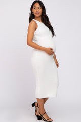 Ivory Racer Front Textured Fitted Maternity Midi Dress