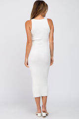 Ivory Racer Front Textured Fitted Midi Dress