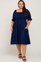 Navy Blue Smocked Front Tie Maternity Plus Midi Dress