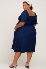 Navy Blue Smocked Front Tie Maternity Plus Midi Dress