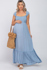 Blue Dotted Smocked Square Neck Criss Cross Back Maternity Maxi Dress