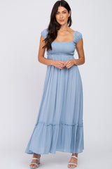 Blue Dotted Smocked Square Neck Criss Cross Back Maternity Maxi Dress