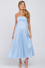 Light Blue Cinched Halter Neck Maternity Midi Dress