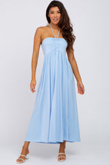 Light Blue Cinched Halter Neck Maternity Midi Dress