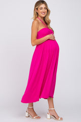 Fuchsia Cinched Halter Neck Maternity Midi Dress