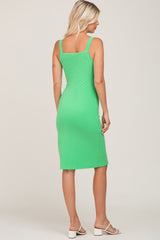 Lime Ribbed Snap Button Front Midi Dress