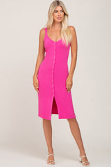 Fuchsia Ribbed Snap Button Front Midi Dress